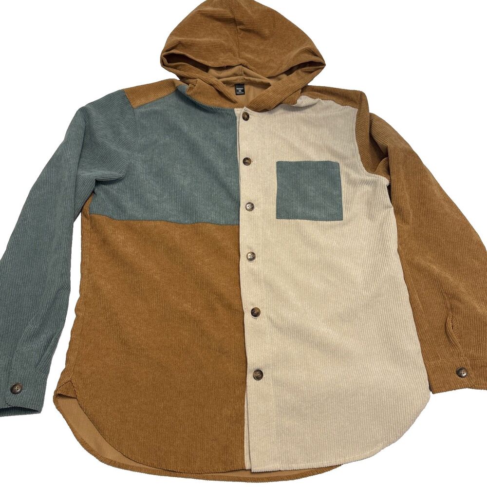 Manfinity Corduroy Button Up Hoodie Shacket Beige Green Block Pocket Mens Sz XXL